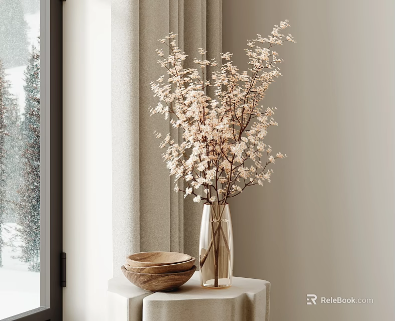 Elegant Flower Vase With Blossoms By Window Indoor Small Round Table Wooden Bowl 3d model 