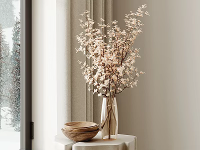 Elegant Flower Vase With Blossoms By Window Indoor Small Round Table Wooden Bowl 3d model
