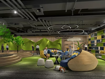 Modern Leisure Area With Green Wall Circular Pendant Lights And Comfortable Seating 3d model