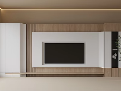 Modern Minimalist TV Background Wall With Wooden And White Panels 3d model