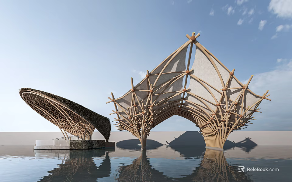 Modern Wooden Architectural Installation With Branch Like Structure And Water Reflection 3d model
