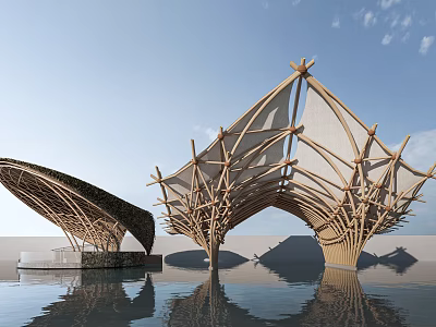 Modern Wooden Architectural Installation With Branch Like Structure And Water Reflection 3d model