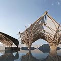 Modern Wooden Architectural Installation With Branch Like Structure And Water Reflection 3d model