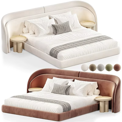Modern Double Bed With Upholstered Headboard Pillows And Nightstand Color Options 3d model