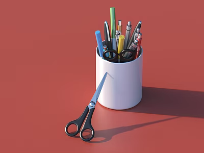 White Pen Holder With Colorful Pens And Black Scissors On Red Background 3d model