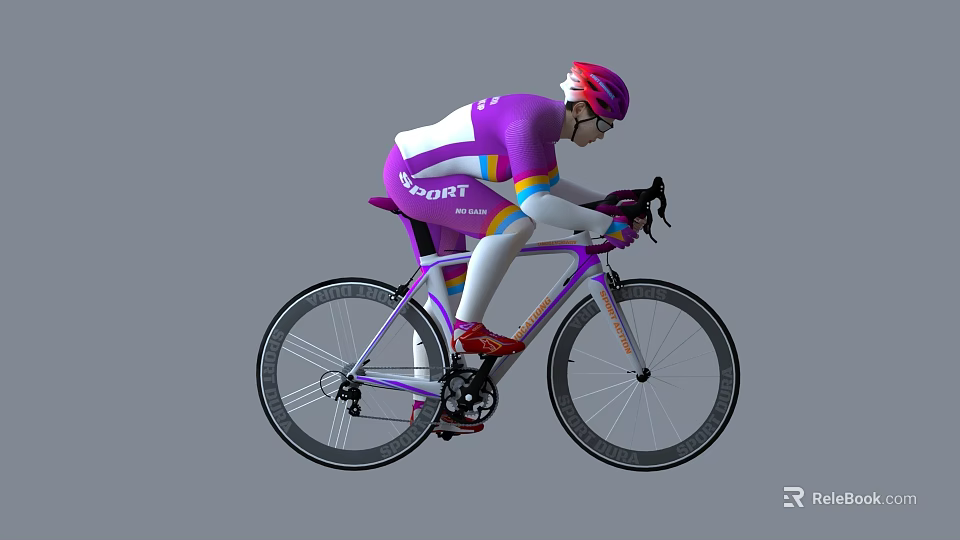 Woman in purple sportswear cycling with red helmet on purple bicycle 3d model 