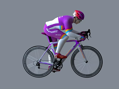 Woman in purple sportswear cycling with red helmet on purple bicycle 3d model