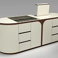 Modern White And Brown Island Cabinet With Computer Screen Countertop And Drawers