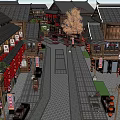 Chinese Garden Landscape With Traditional Ancient Street Red Lanterns And Hanging Oil Paper Umbrellas