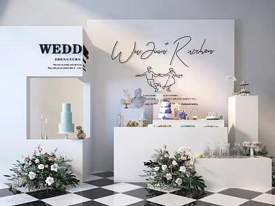 Wedding Dessert Table Setup With Cakes Flower Arrangements And Decorative Stands 3d model