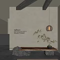 Japanese Zen Interior With Wooden Bench Stone Base Potted Plant And Lantern Pendant Light