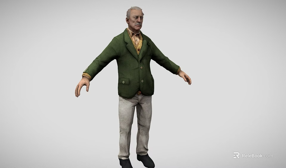 Elderly Man in Green Jacket Yellow Shirt Gray Pants and Black Shoes with Arms Outstretched 3d model 