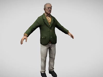 Elderly Man in Green Jacket Yellow Shirt Gray Pants and Black Shoes with Arms Outstretched 3d model
