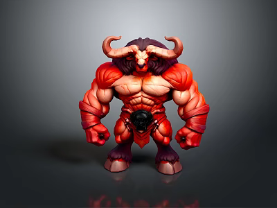 3D Muscular Demon Monster Model With Red Skin Curved Horns and Armored Abdomen 3d model