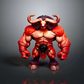 3D Muscular Demon Monster Model With Red Skin Curved Horns and Armored Abdomen