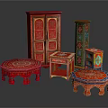 Traditional Red Entryway Cabinet And Side Cabinet With Intricate Floral Patterns And Matching Tables