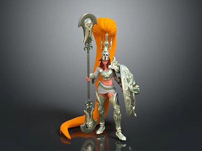 Mythical Warrior Character Wearing Silver Armor With Golden Decorations Orange Hair Giant Axe and Shield 3d model