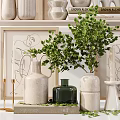 Elegant Decorative Ornament Set With Ceramic Vases Green Plants And Dried Pampas Grass
