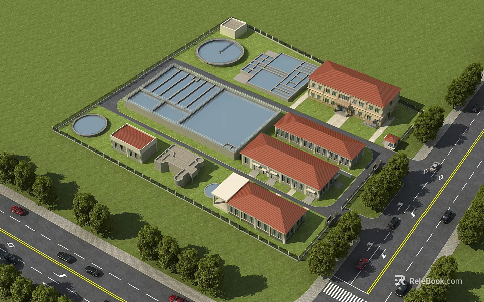 Industrial Plant Layout Featuring Red Brick Buildings Water Ponds Access Roads And Greenery 3d model 