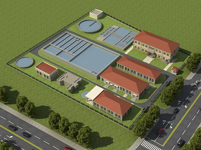 Industrial Plant Layout Featuring Red Brick Buildings Water Ponds Access Roads And Greenery 3d model