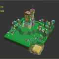 Cartoon Scenic Castle with Red Roof on Green Grassland Surrounded by Trees and Small Animals 3d model