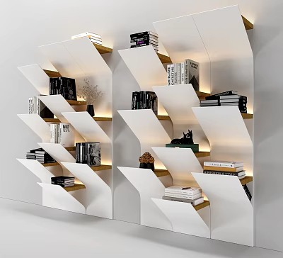 Modern Luxury White Geometric Bookshelf With LED Lighting Books And Decorations 3d model