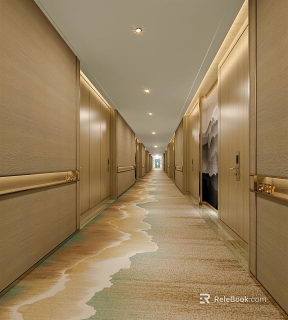 Elegant Hotel Corridor With Beige Walls Wooden Doors And Wave Pattern Carpet 3d model 