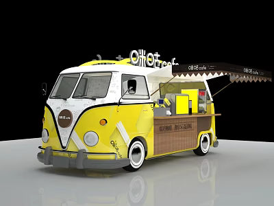 Vintage Van Style Mobile Coffee Truck With Yellow White Exterior And Service Awning 3d model