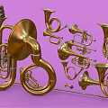 Artistic Display of Golden Brass Instruments and Art Supplies on Purple Background