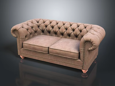 Brown Tufted Two Seater Sofa With Rolled Arms And Brass Legs 3d model