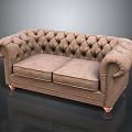 Brown Tufted Two Seater Sofa With Rolled Arms And Brass Legs