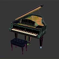 Black Grand Piano With Open Lid Wooden Bench And Metal Strings