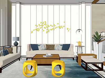 Modern Living Dining Room Interior With Sofa Coffee Table Yellow Stools And Branch Wall Decoration 3d model