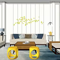 Modern Living Dining Room Interior With Sofa Coffee Table Yellow Stools And Branch Wall Decoration
