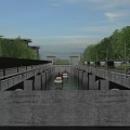 Roadside Infrastructure Featuring Water Channel Concrete Walls Guardrails and Boats with Trees