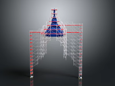Construction Scaffolding Equipment Featuring Red White Metal Frame And Safety Support Structure 3d model
