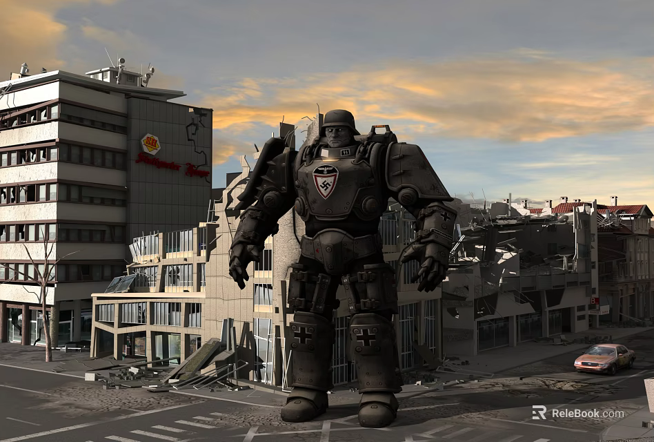 Damaged Urban Building Structures in Street Scene with Giant Mech and Dusk Sky 3d model 