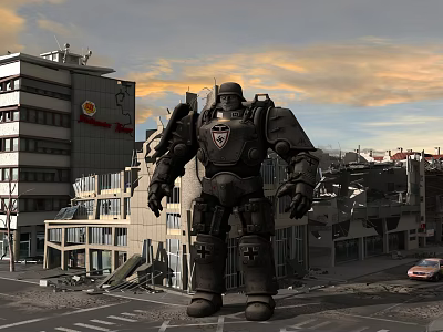 Damaged Urban Building Structures in Street Scene with Giant Mech and Dusk Sky 3d model