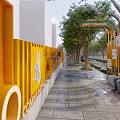 Modern HouBao Building Exterior With Yellow Facade Trees And Waterfront Seating Area