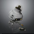 White Mechanical Robot Character With Transparent Dome Yellow Lights Near Small Silver Container 3d model