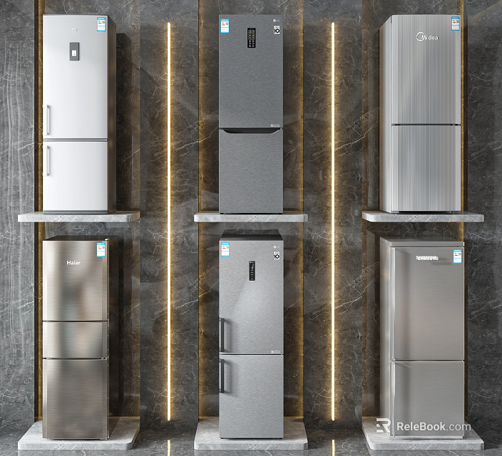 Modern Stainless Steel Refrigerators In Various Designs On Display Shelves With Lighting 3d model 