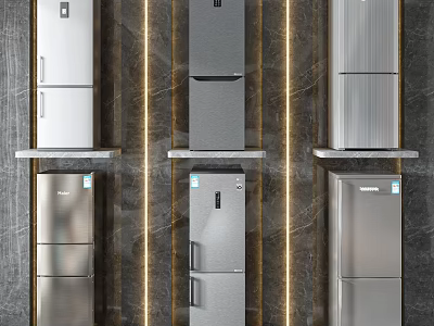 Modern Stainless Steel Refrigerators In Various Designs On Display Shelves With Lighting 3d model