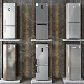 Modern Stainless Steel Refrigerators In Various Designs On Display Shelves With Lighting
