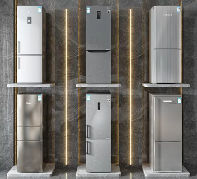 Modern Stainless Steel Refrigerators In Various Designs On Display Shelves With Lighting 3d model
