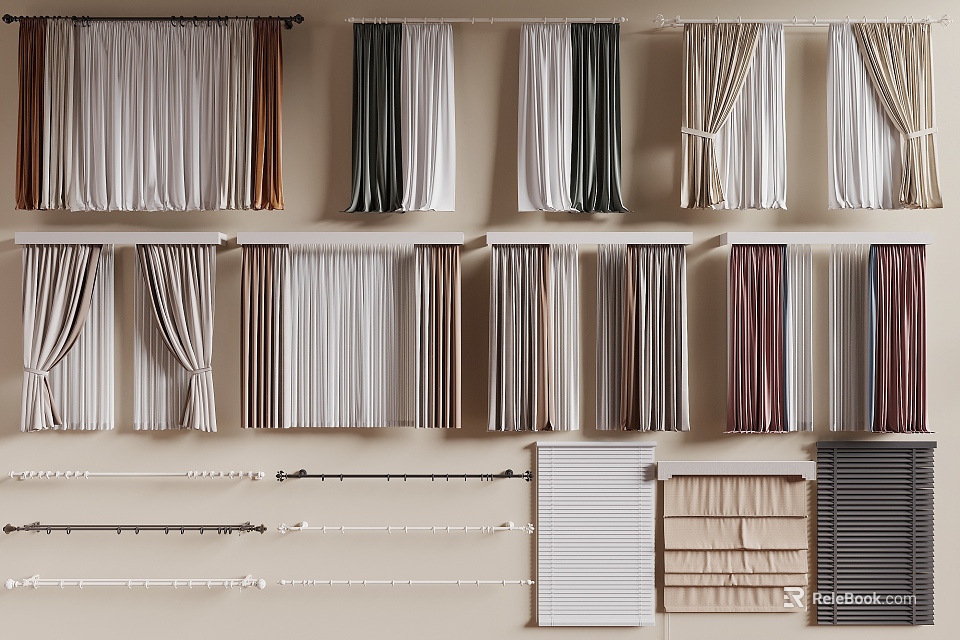 Colorful Curtains In Various Styles With Curtain Rods And Window Blinds 3d model 