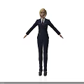 Man in dark blue suit with tie and blonde hair standing arms outstretched