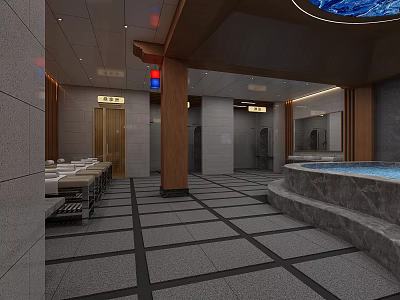 Elegant SPA Sauna Interior Design With Loungers Hot Pool And Wooden Accents 3d model