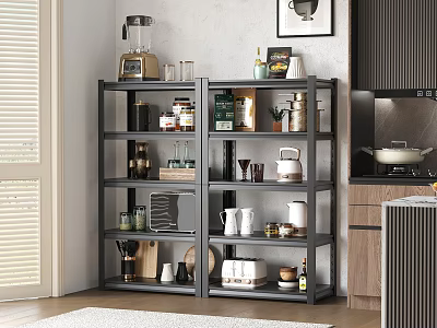 Modern Kitchen With Metal Shelving Unit Multiple Shelves Holding Kitchen Appliances Jars Mugs And Cookware 3d model