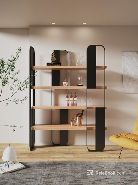 Modern Black Frame Wooden Bookshelf with Decorative Vases Bottles and Items Near Green Plant 3d model 