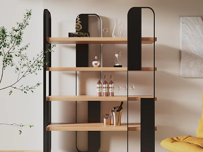 Modern Black Frame Wooden Bookshelf with Decorative Vases Bottles and Items Near Green Plant 3d model